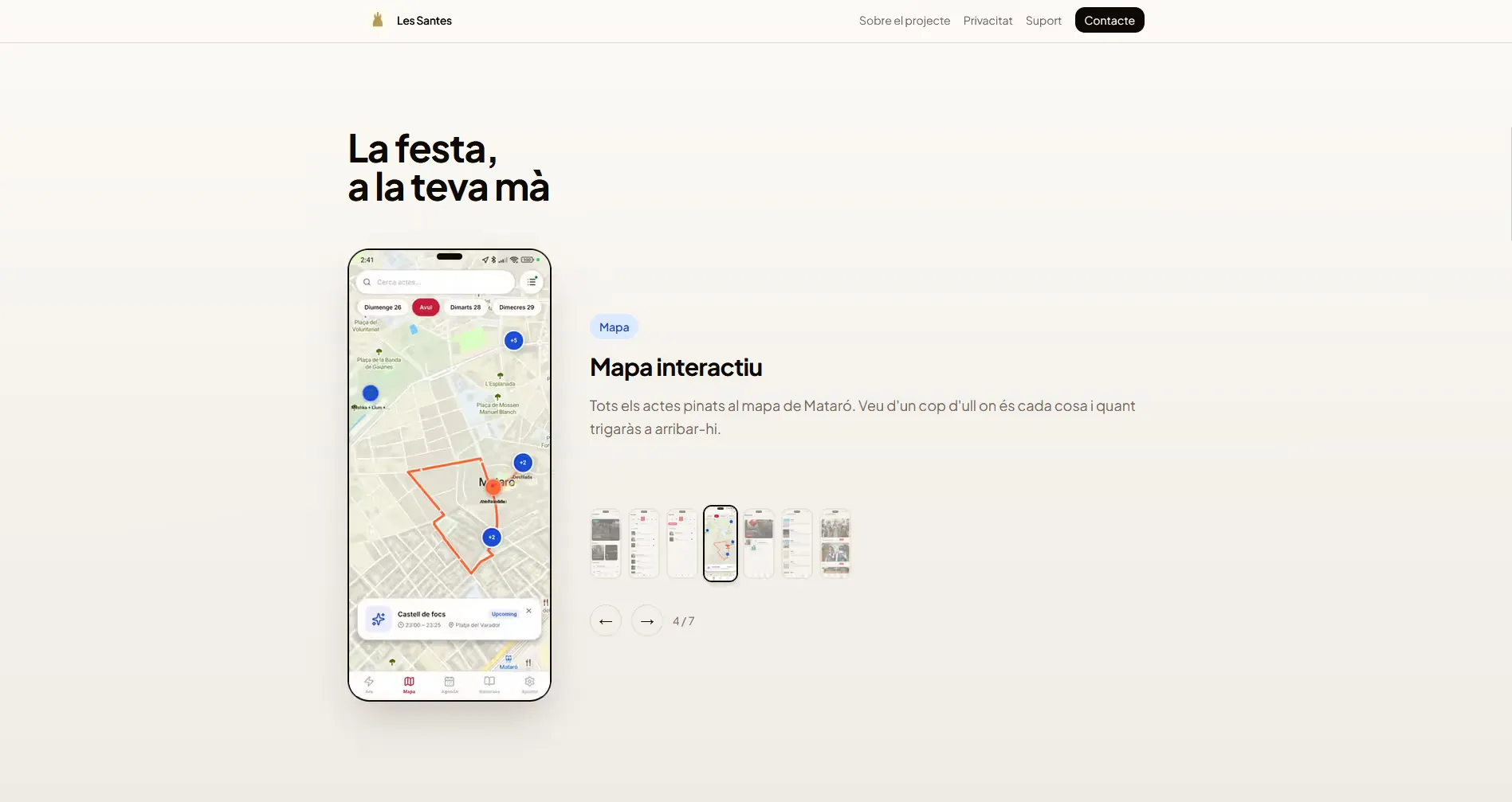 Sección de pantallas de la app en la landing