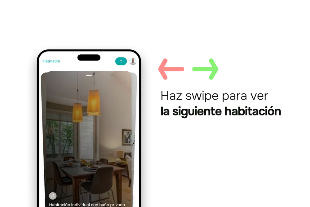 Interfaz de swipe de Flatmatch mostrando tarjetas grandes con fotos