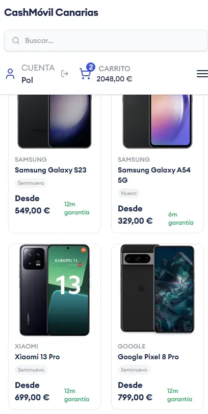 CashMóvil Canarias - Tienda online vista móvil con catálogo de dispositivos